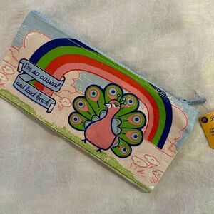 Blue Q Recycled Plastic Zipper Pencil Pouch 9” X 4” Casual Laid Back Peacock